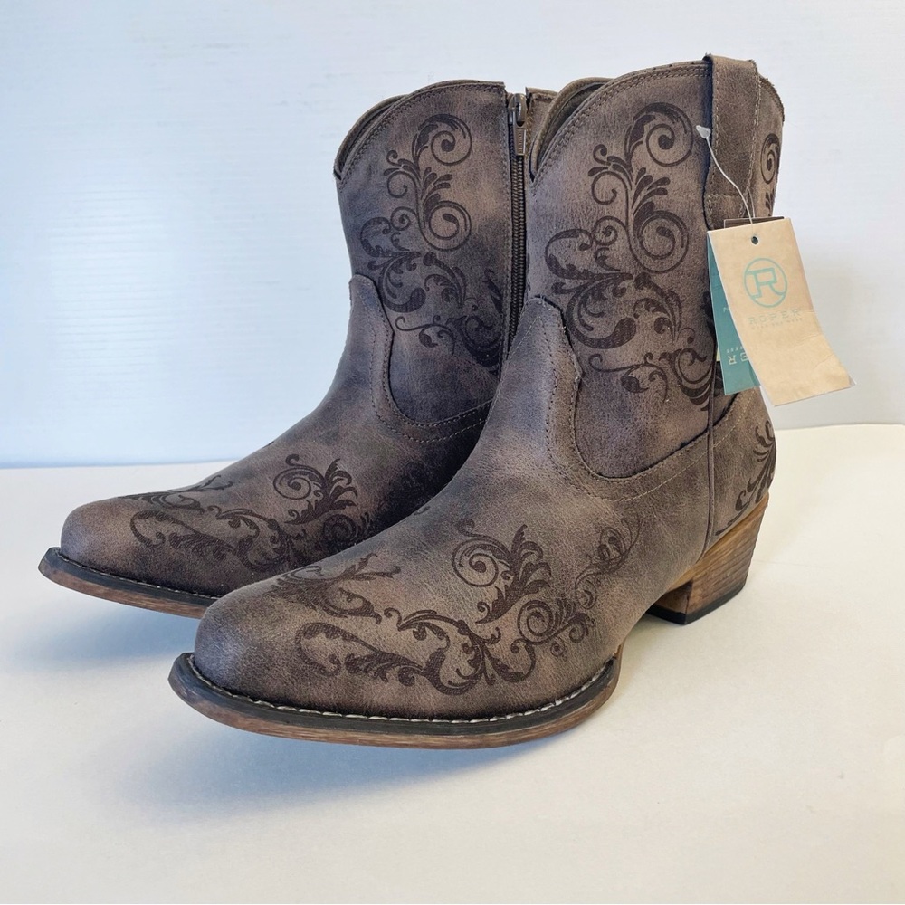 ROPERS Women’s Shorty Boot Vintage Brown Faux Leather Laser Western Design - Picture 2 of 13